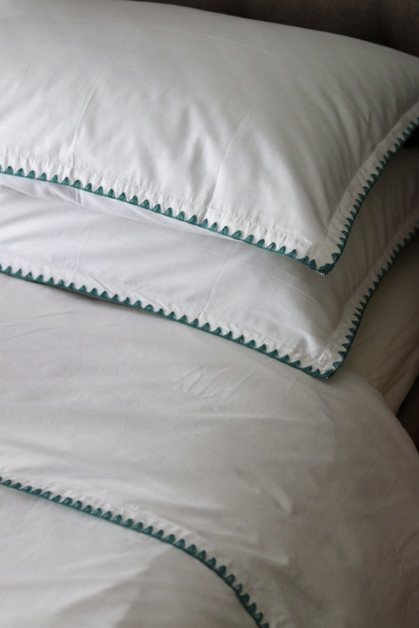 Cotton Bedding with Green Woven Trim